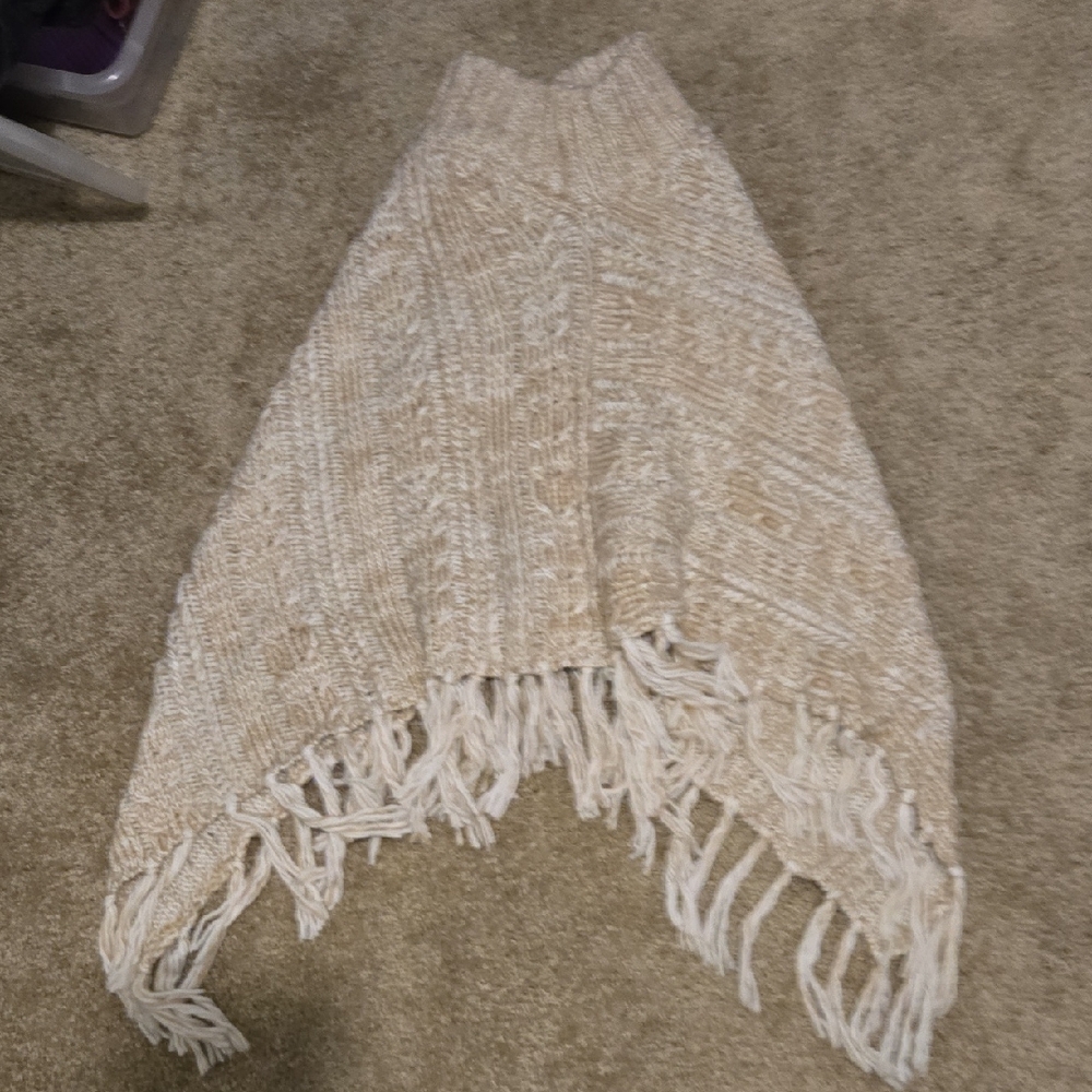 Cream Knit Fringe Poncho